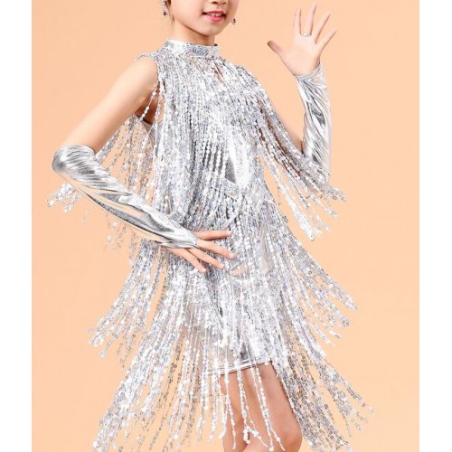 Fashion Luxury Sequined Tassel Children Latin Dance Dresses Girls Princess Gem Frontal Chain Samba / Rumba Costume